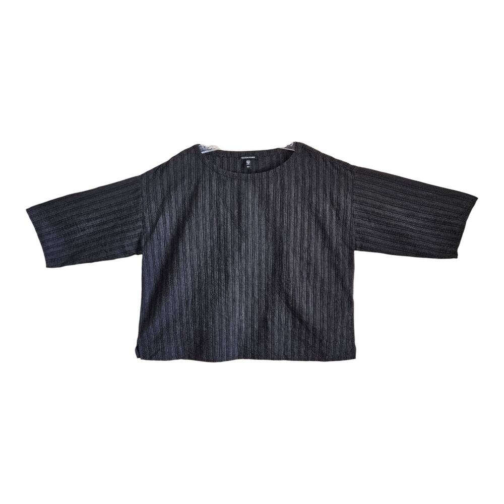 EILEEN FISHER Women's L Blouse Top Black Striped Boxy Organic Cotton Tencel 48"